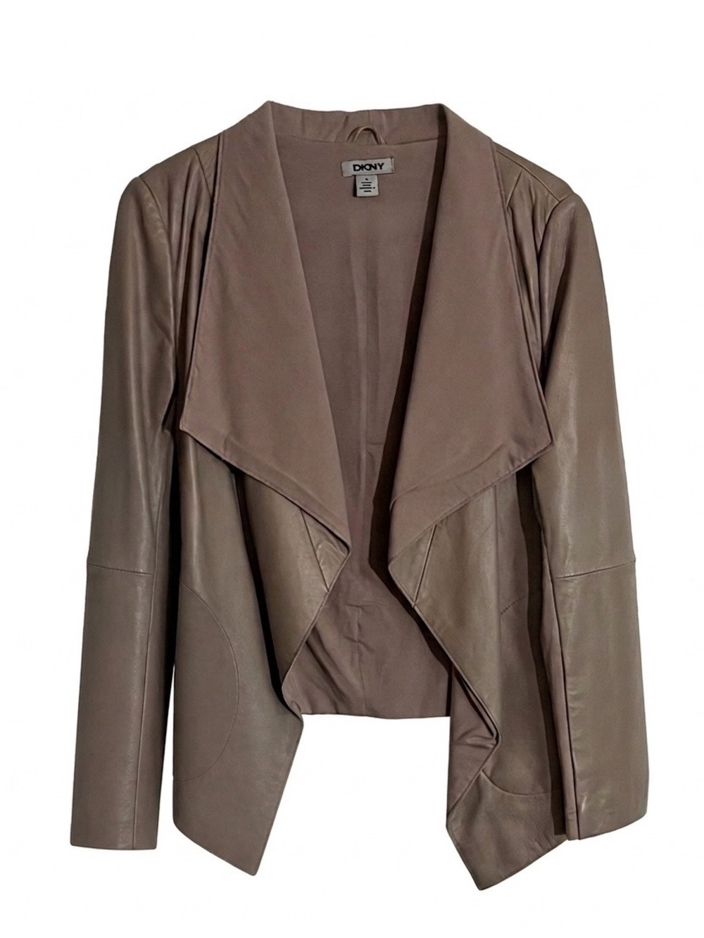 DKNY Lambskin Leather Taupe Waterfall Draped Jacket
